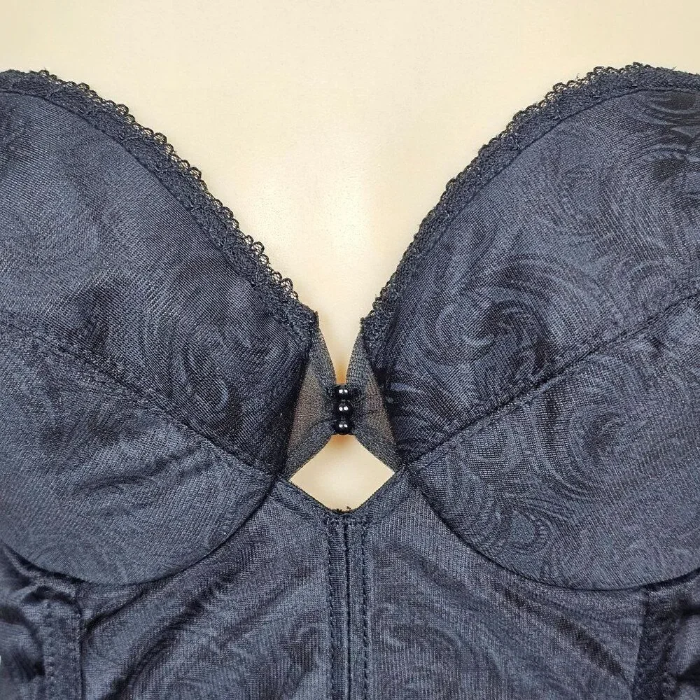 Vtg Sophistique By Smoothie Black Bustier Long Line Bra Boning‎ Floral Lace 36B